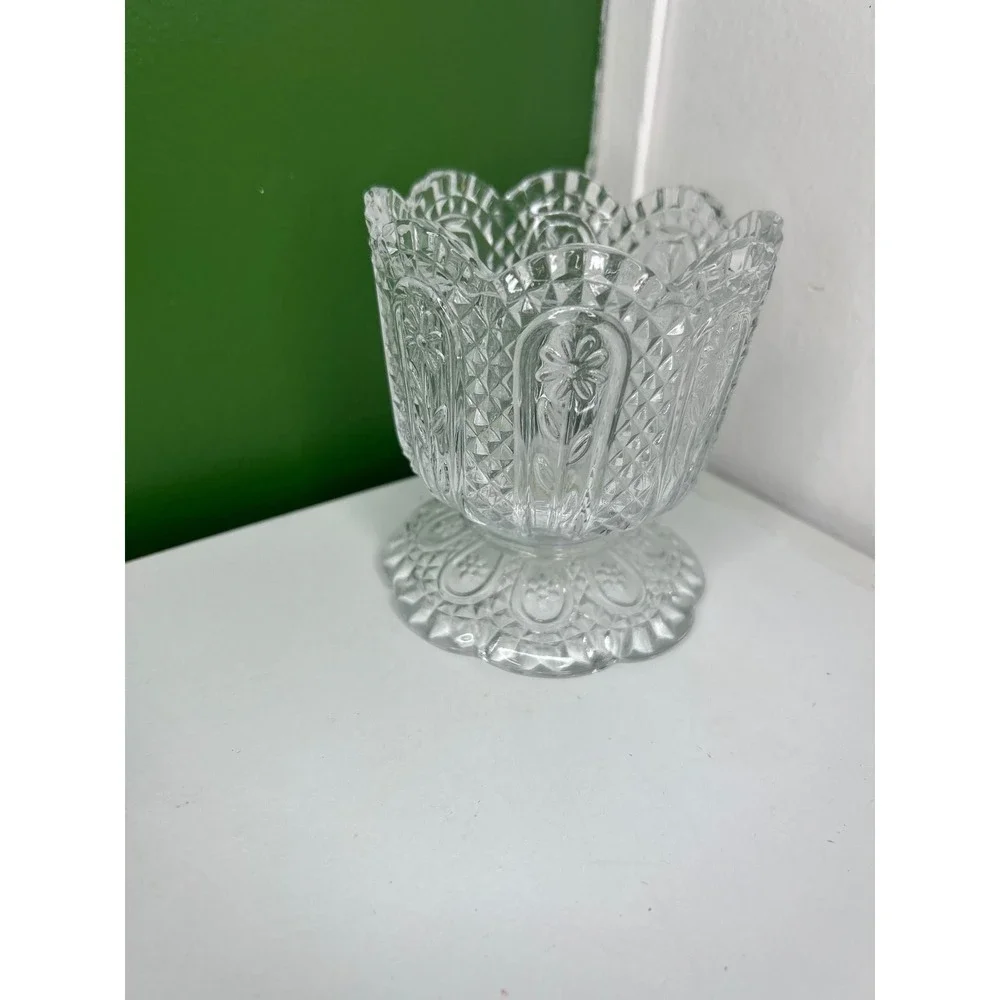 Vintage Pressed Clear Glass Floral Diamond Pedestal Votive Candle Holder Vase